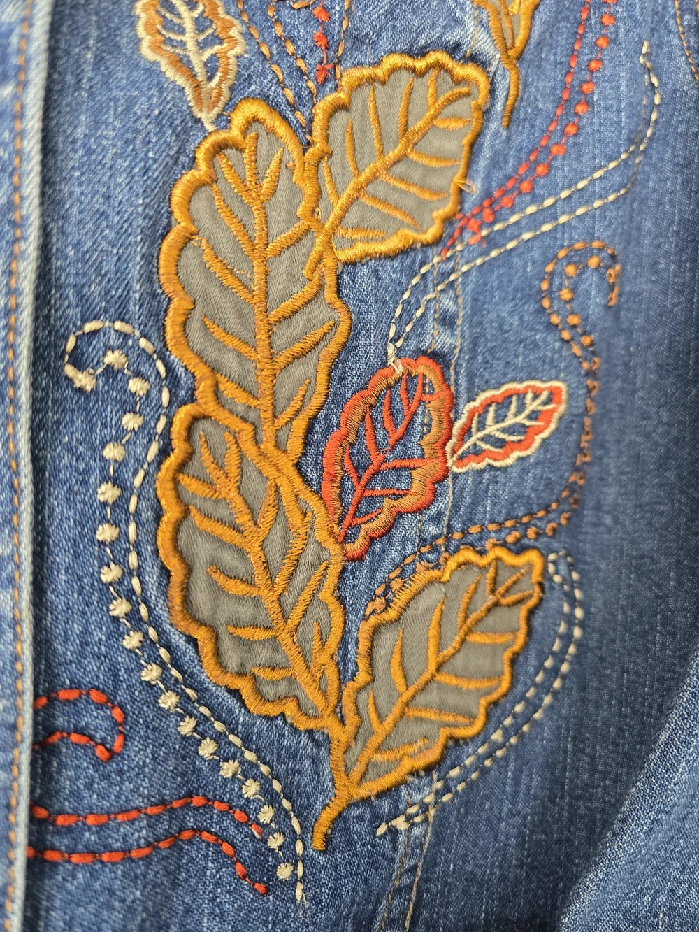 Embroidered Blue Denim Jacket with Fall Leaf Motif - Picture 8 of 17